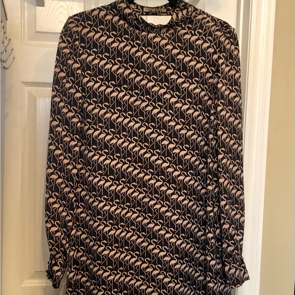 BIBA Black Cream  Pink Flamingo Print Long Sleeve Dress. Size Large